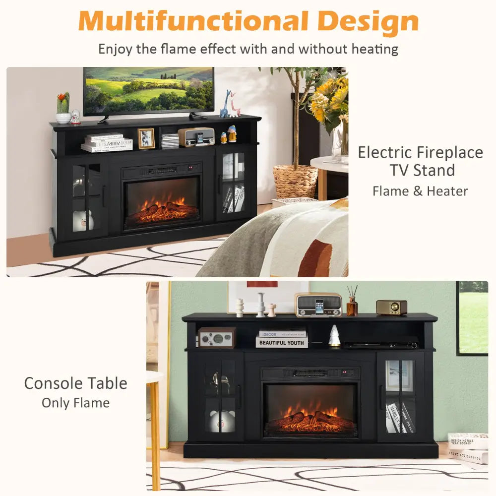 Fireplace TV Stand with 1400W Electric Fireplace-Black - Black - Entertainment Centers & TV Stands