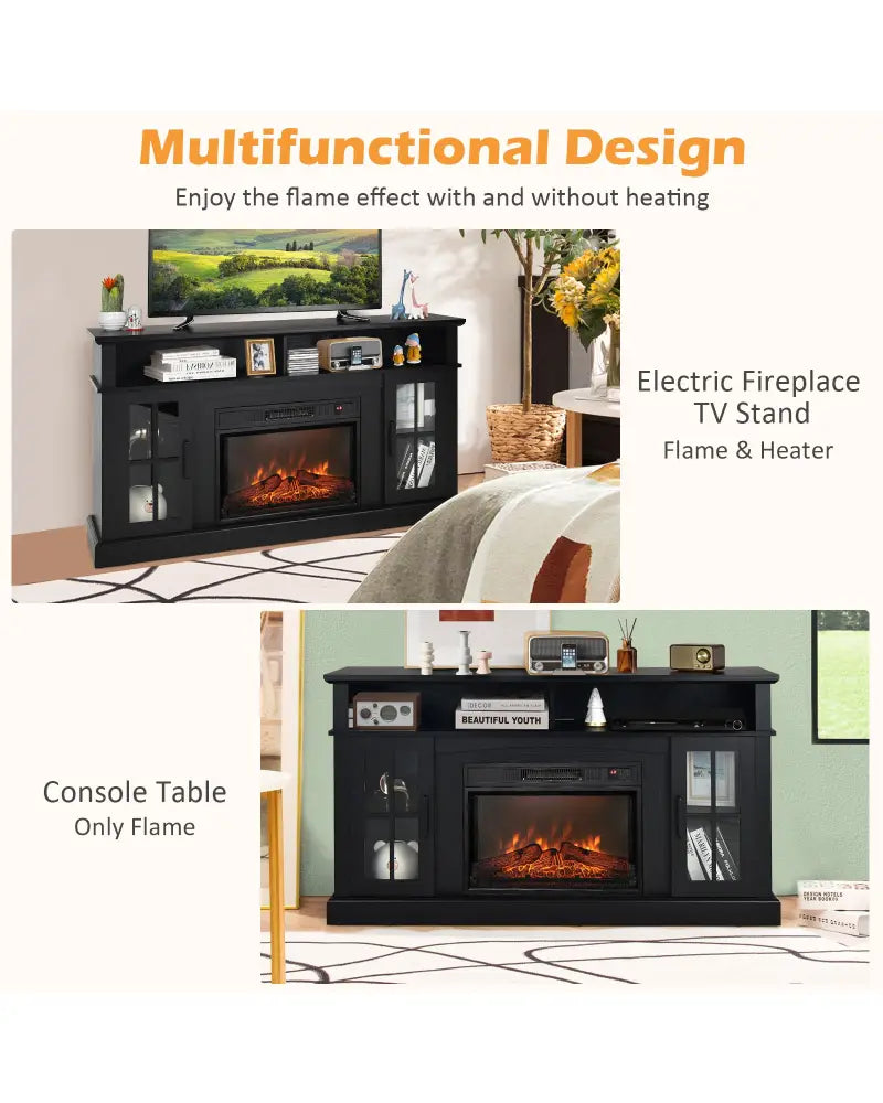 Fireplace TV Stand with 1400W Electric Fireplace-Black - Black - Entertainment Centers & TV Stands