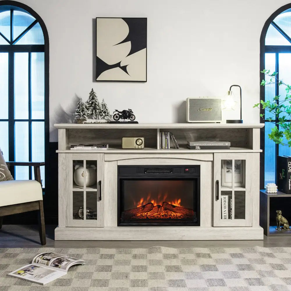Fireplace TV Stand with 1400W Electric Fireplace-Gray - Gray - Entertainment Centers & TV Stands