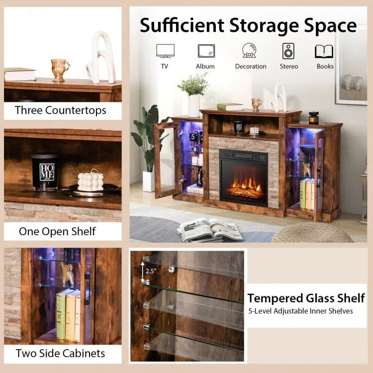 Fireplace TV Stand with 16-Color Led Lights for TVs up to 65 Inch-Brown - Brown - Entertainment Centers & TV Stands