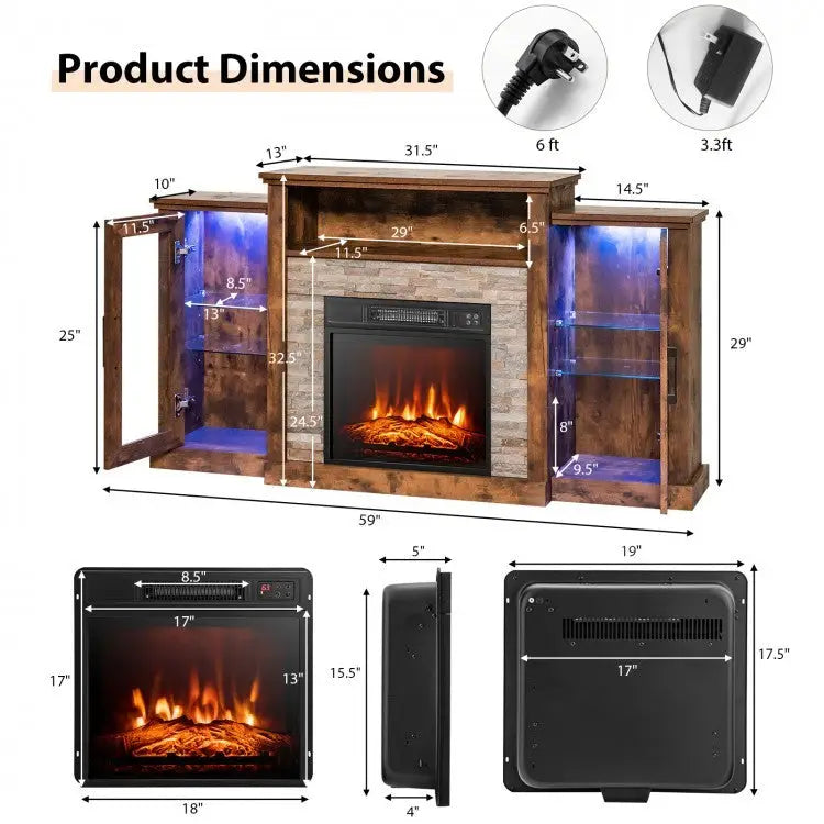 Fireplace TV Stand with 16-Color Led Lights for TVs up to 65 Inch-Brown - Brown - Entertainment Centers & TV Stands