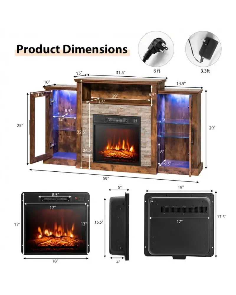 Fireplace TV Stand with 16-Color Led Lights for TVs up to 65 Inch-Brown - Brown - Entertainment Centers & TV Stands