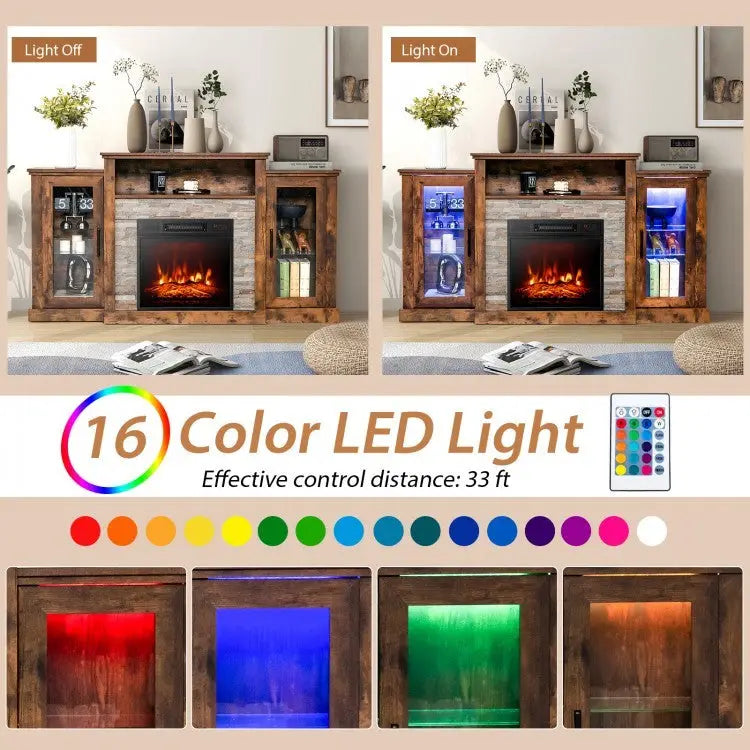 Fireplace TV Stand with 16-Color Led Lights for TVs up to 65 Inch-Brown - Brown - Entertainment Centers & TV Stands