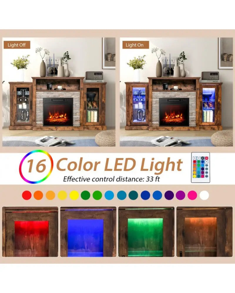 Fireplace TV Stand with 16-Color Led Lights for TVs up to 65 Inch-Brown - Brown - Entertainment Centers & TV Stands