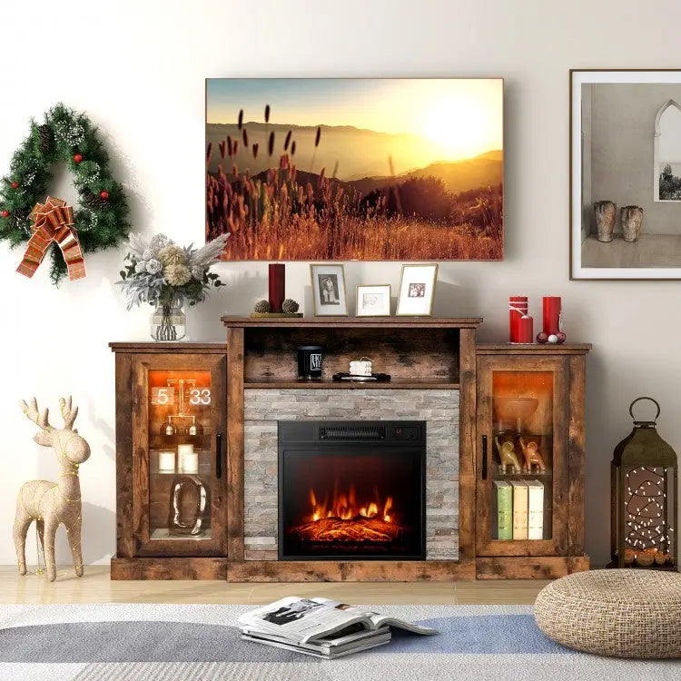 Fireplace TV Stand with 16-Color Led Lights for TVs up to 65 Inch-Brown - Brown - Entertainment Centers & TV Stands