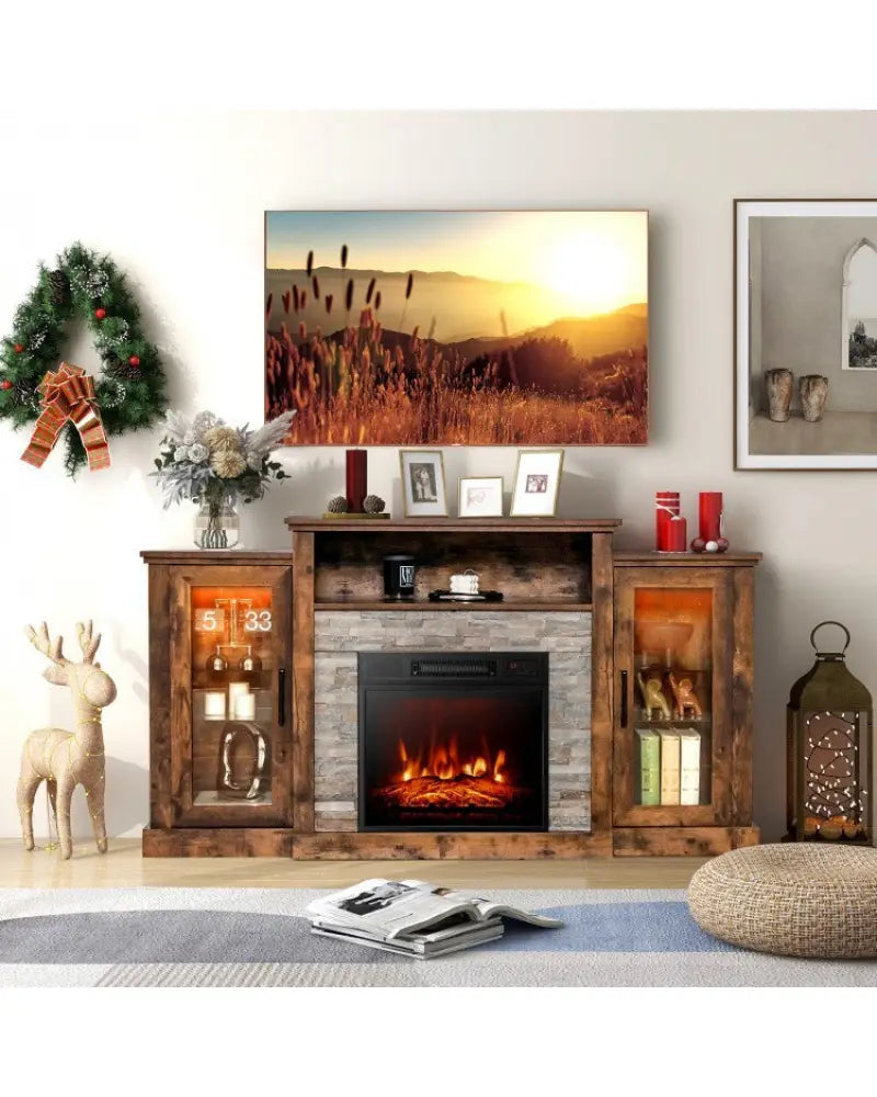 Fireplace TV Stand with 16-Color Led Lights for TVs up to 65 Inch-Brown - Brown - Entertainment Centers & TV Stands