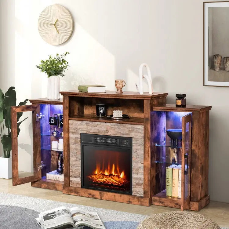 Fireplace TV Stand with 16-Color Led Lights for TVs up to 65 Inch-Brown - Brown - Entertainment Centers & TV Stands