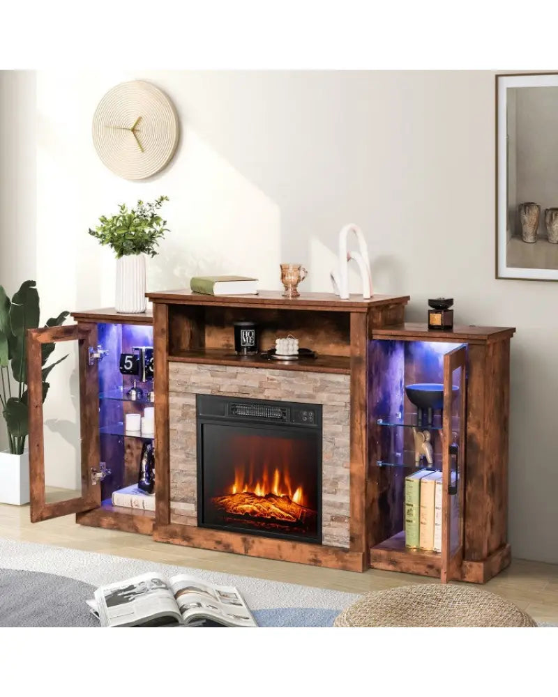 Fireplace TV Stand with 16-Color Led Lights for TVs up to 65 Inch-Brown - Brown - Entertainment Centers & TV Stands