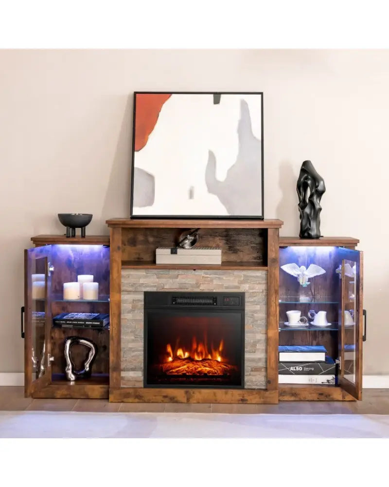 Fireplace TV Stand with 16-Color Led Lights for TVs up to 65 Inch-Brown - Brown - Entertainment Centers & TV Stands