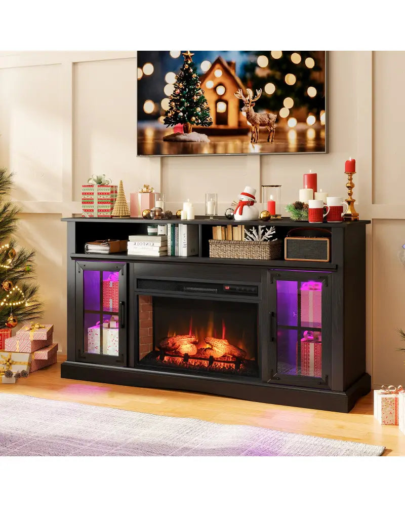 Fireplace TV Stand with Remote Controls and Thermostat for TVs Up to 50 Inch-Black - Black - Entertainment Centers & TV