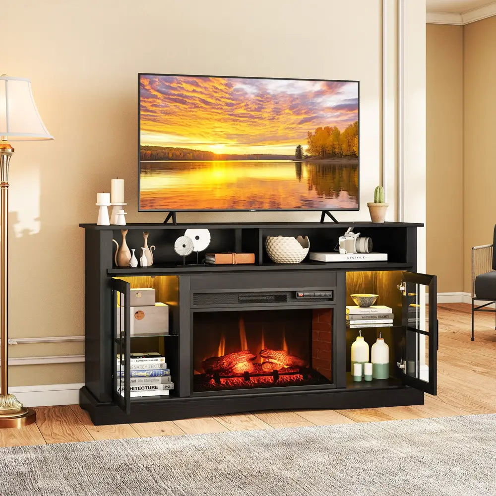 Fireplace TV Stand with Remote Controls and Thermostat for TVs Up to 50 Inch-Black - Black - Entertainment Centers & TV