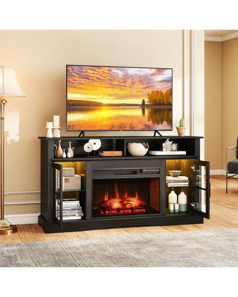 Fireplace TV Stand with Remote Controls and Thermostat for TVs Up to 50 Inch-Black - Black - Entertainment Centers & TV