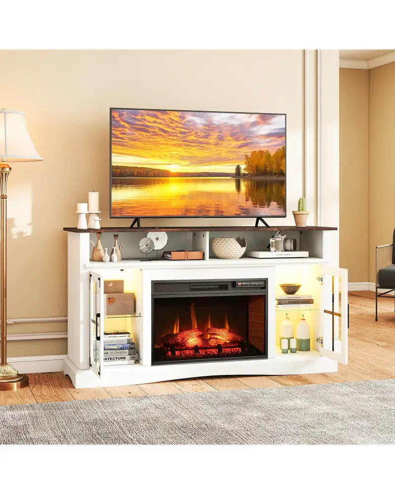Fireplace TV Stand with Remote Controls and Thermostat for TVs Up to 50 Inch-White - White - Entertainment Centers & TV