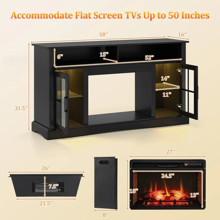 Fireplace TV Stand with Remote Controls and Thermostat for TVs Up to 50 Inch-Black - Black - Entertainment Centers & TV