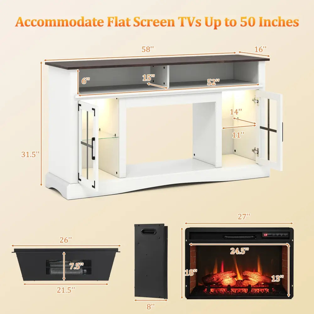 Fireplace TV Stand with Remote Controls and Thermostat for TVs Up to 50 Inch-White - White - Entertainment Centers & TV