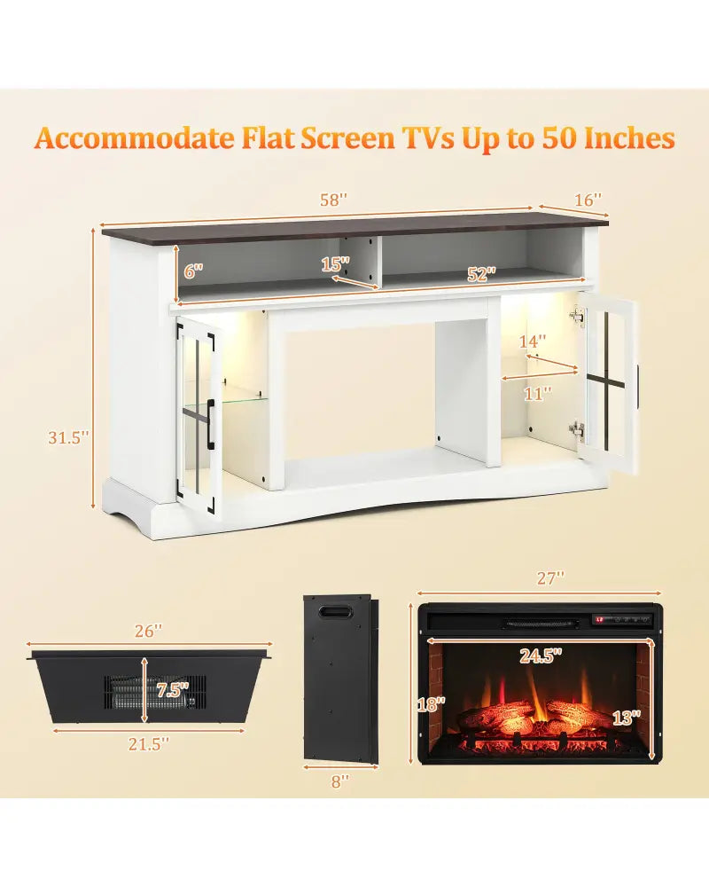 Fireplace TV Stand with Remote Controls and Thermostat for TVs Up to 50 Inch-White - White - Entertainment Centers & TV