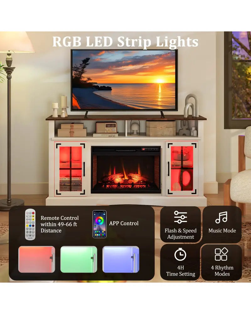 Fireplace TV Stand with Remote Controls and Thermostat for TVs Up to 50 Inch-White - White - Entertainment Centers & TV