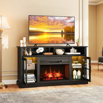 Fireplace TV Stand with Remote Controls and Thermostat for TVs Up to 50 Inch-Black - Black - Entertainment Centers & TV