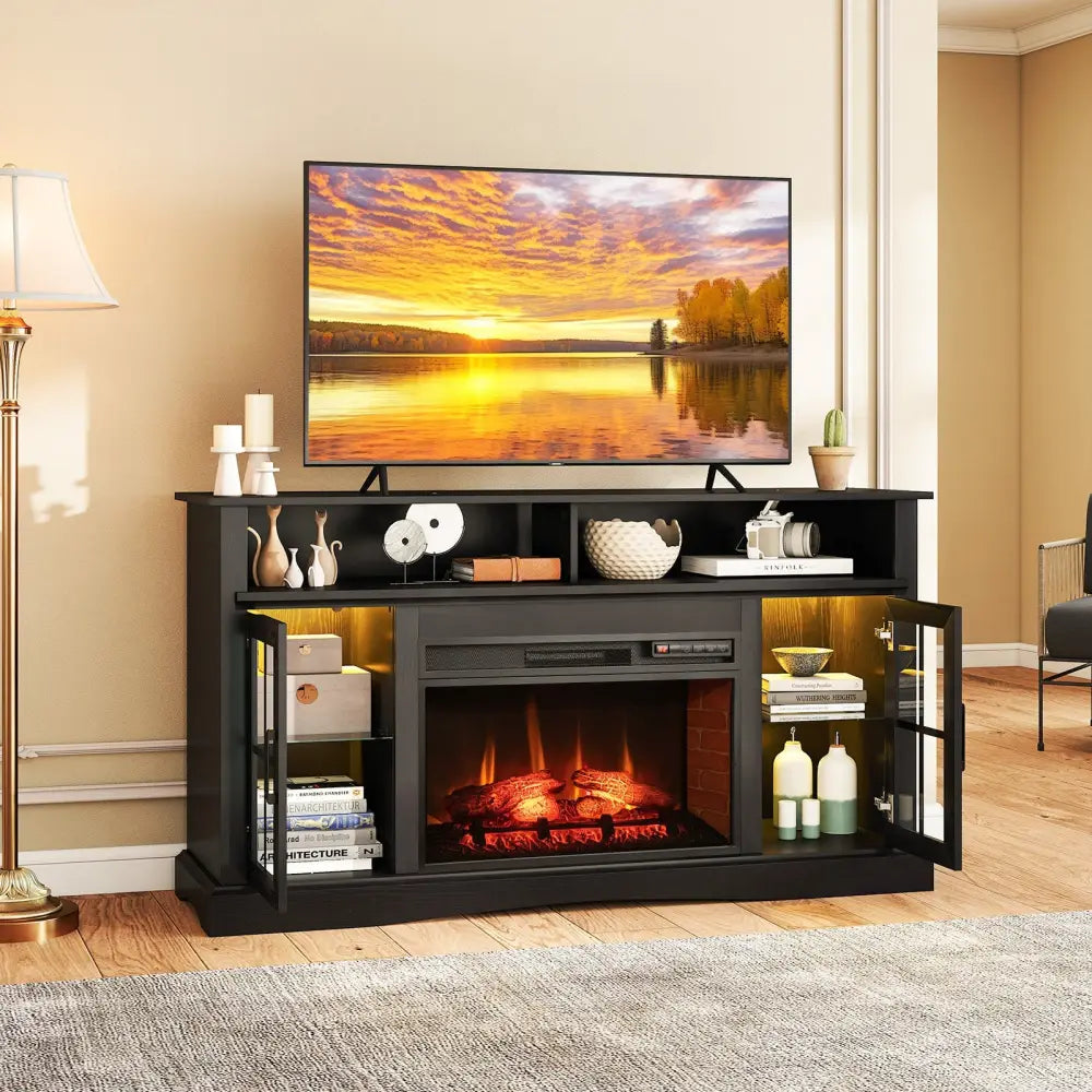 Fireplace TV Stand with Remote Controls and Thermostat for TVs Up to 50 Inch-Black - Black - Entertainment Centers & TV