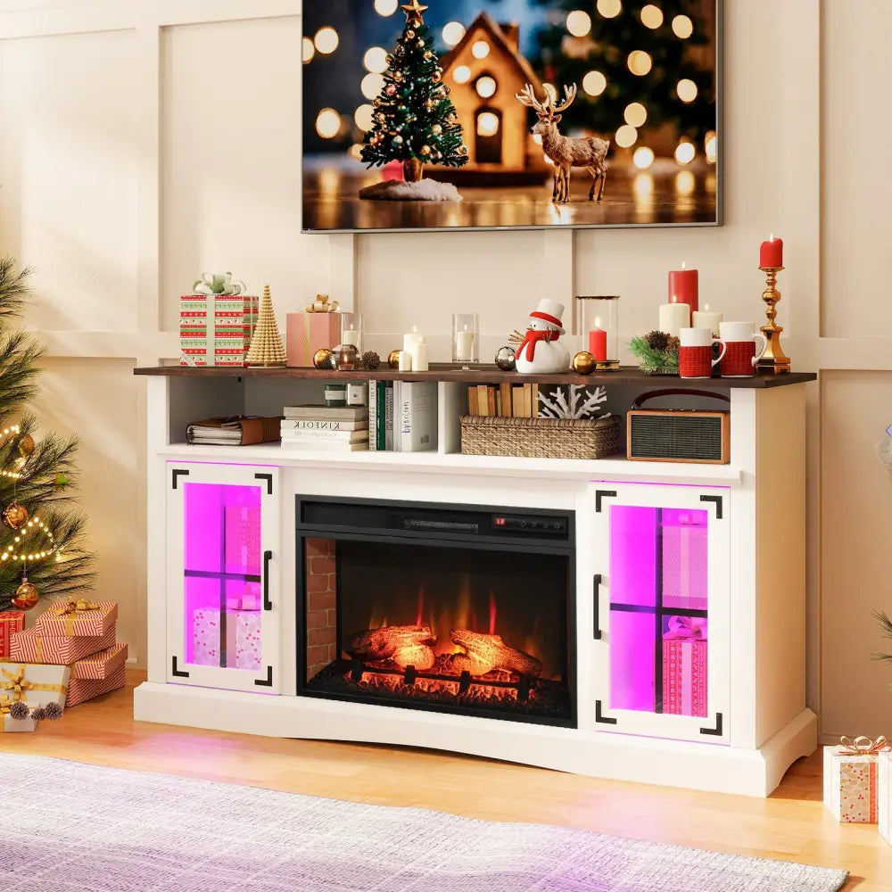 Fireplace TV Stand with Remote Controls and Thermostat for TVs Up to 50 Inch-White - White - Entertainment Centers & TV
