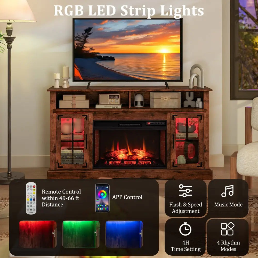 Fireplace TV Stand with Remote Controls and Thermostat for TVs Up to 50 Inch-Rustic Brown - Rustic Brown