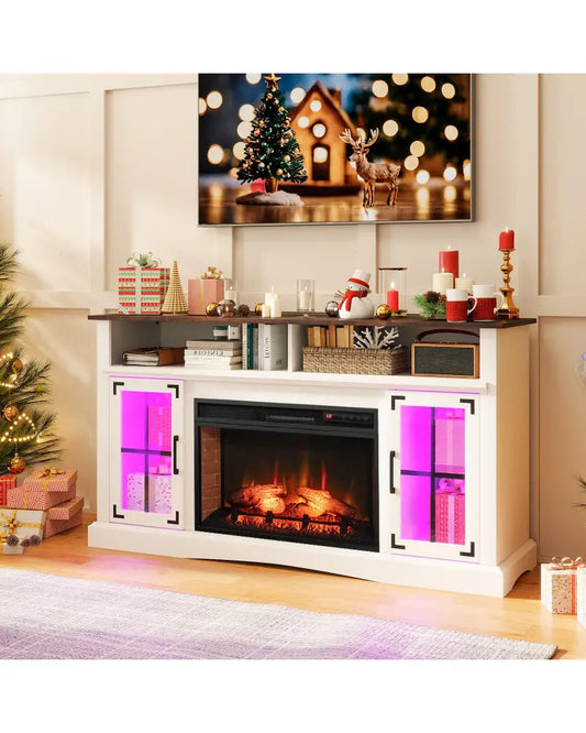 Fireplace TV Stand with Remote Controls and Thermostat for TVs Up to 50 Inch-White - White - Entertainment Centers & TV