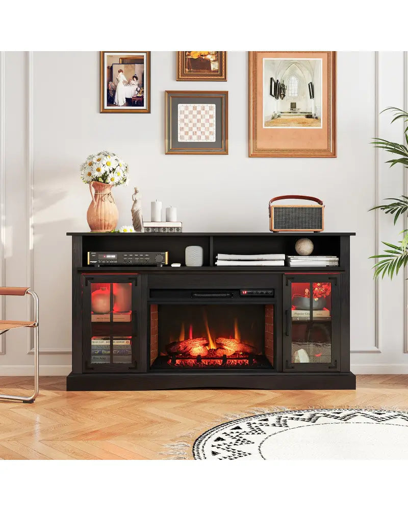 Fireplace TV Stand with Remote Controls and Thermostat for TVs Up to 50 Inch-Black - Black - Entertainment Centers & TV