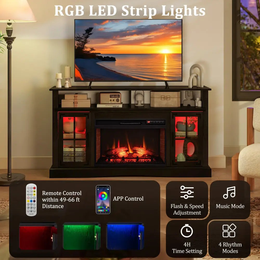 Fireplace TV Stand with Remote Controls and Thermostat for TVs Up to 50 Inch-Black - Black - Entertainment Centers & TV