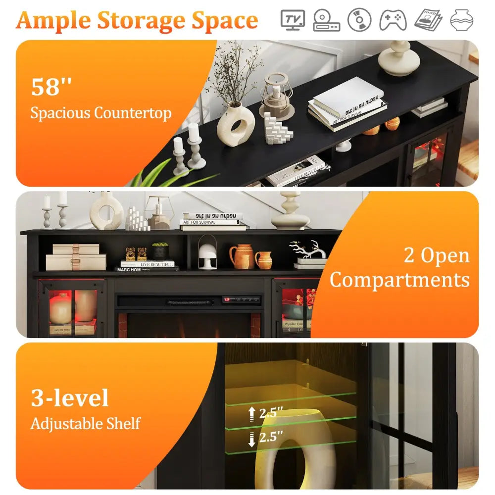 Fireplace TV Stand with Remote Controls and Thermostat for TVs Up to 50 Inch-Black - Black - Entertainment Centers & TV