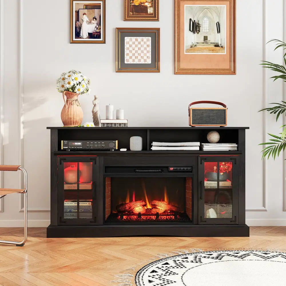 Fireplace TV Stand with Remote Controls and Thermostat for TVs Up to 50 Inch-Black - Black - Entertainment Centers & TV