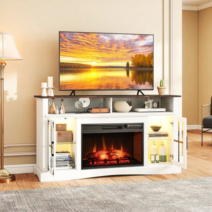 Fireplace TV Stand with Remote Controls and Thermostat for TVs Up to 50 Inch-White - White - Entertainment Centers & TV