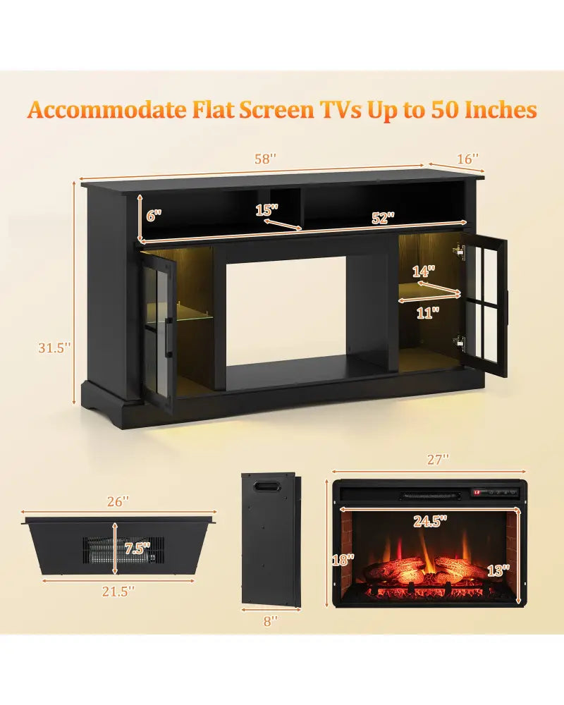 Fireplace TV Stand with Remote Controls and Thermostat for TVs Up to 50 Inch-Black - Black - Entertainment Centers & TV