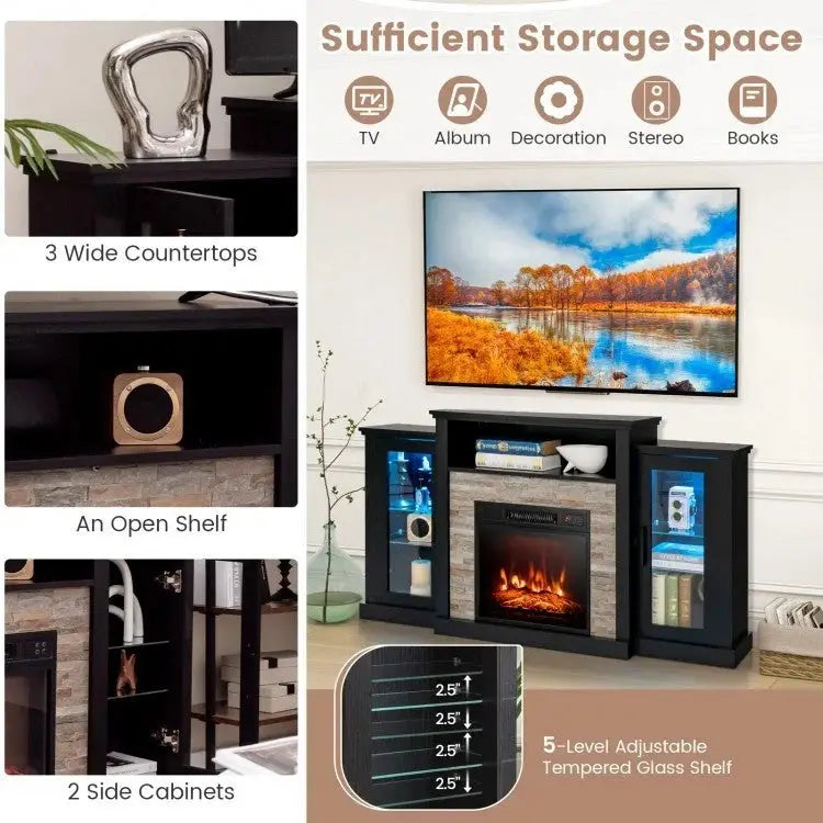 FireplaceTV Stand with 16-Color Led Lights for TVs up to 65 Inch-Black - Black - Entertainment Centers & TV Stands