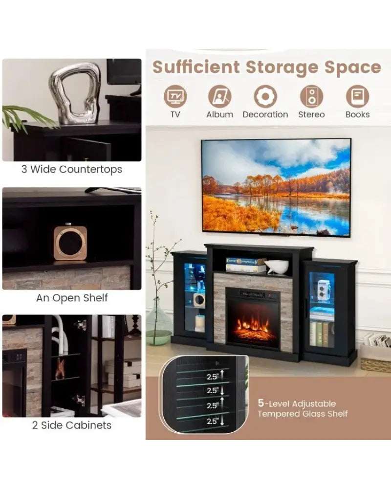 FireplaceTV Stand with 16-Color Led Lights for TVs up to 65 Inch-Black - Black - Entertainment Centers & TV Stands