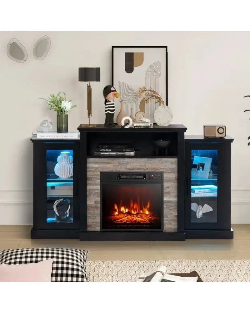 FireplaceTV Stand with 16-Color Led Lights for TVs up to 65 Inch-Black - Black - Entertainment Centers & TV Stands