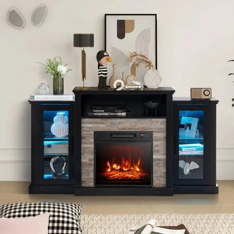 FireplaceTV Stand with 16-Color Led Lights for TVs up to 65 Inch-Black - Black - Entertainment Centers & TV Stands