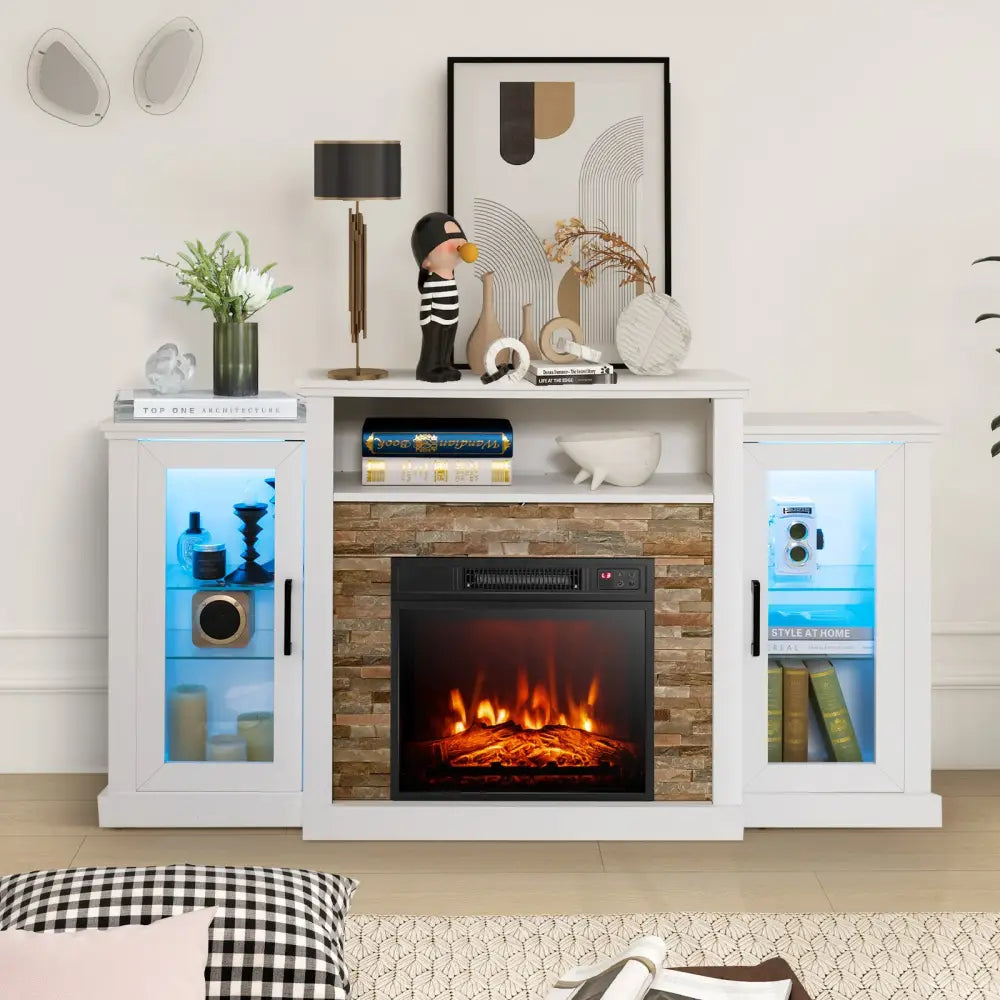 FireplaceTV Stand with 16-Color Led Lights for TVs up to 65 Inch-White - White - Entertainment Centers & TV Stands