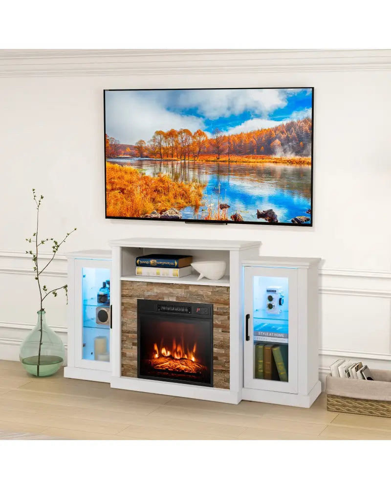 FireplaceTV Stand with 16-Color Led Lights for TVs up to 65 Inch-White - White - Entertainment Centers & TV Stands