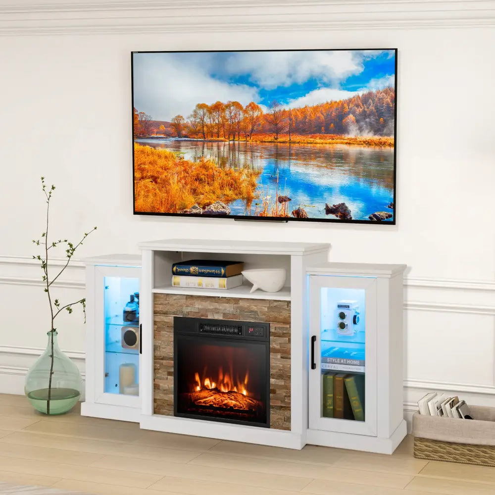 FireplaceTV Stand with 16-Color Led Lights for TVs up to 65 Inch-White - White - Entertainment Centers & TV Stands