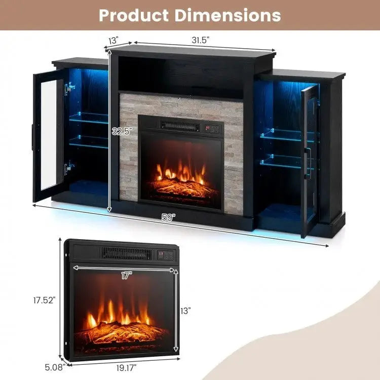 FireplaceTV Stand with 16-Color Led Lights for TVs up to 65 Inch-Black - Black - Entertainment Centers & TV Stands