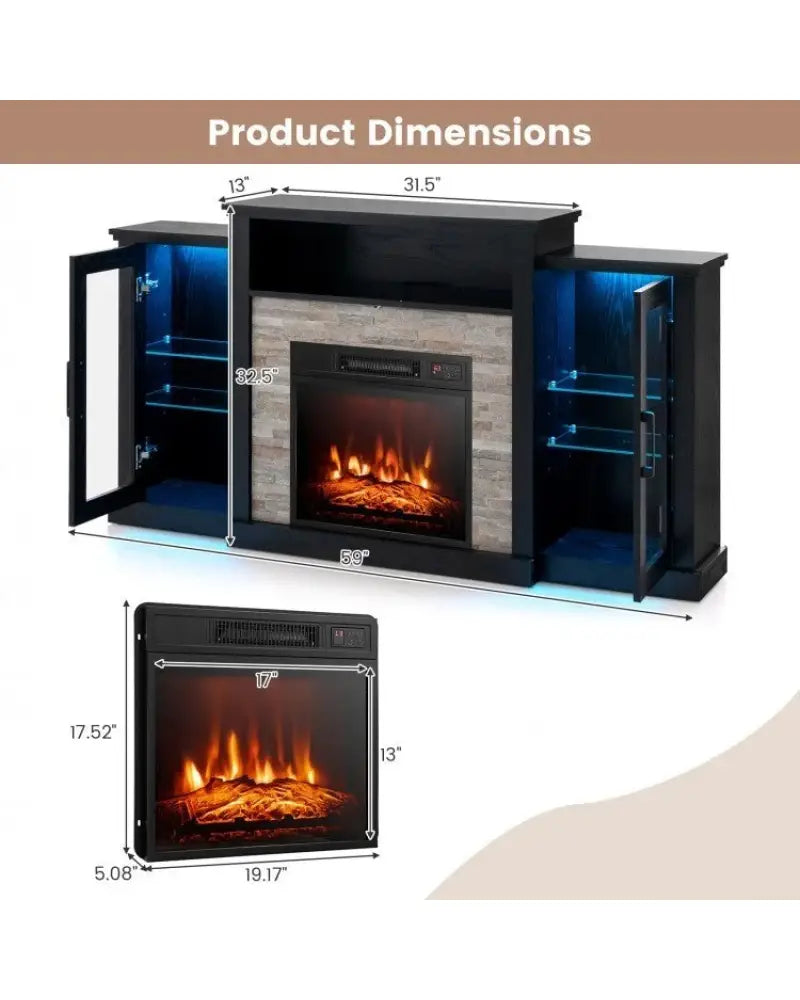 FireplaceTV Stand with 16-Color Led Lights for TVs up to 65 Inch-Black - Black - Entertainment Centers & TV Stands