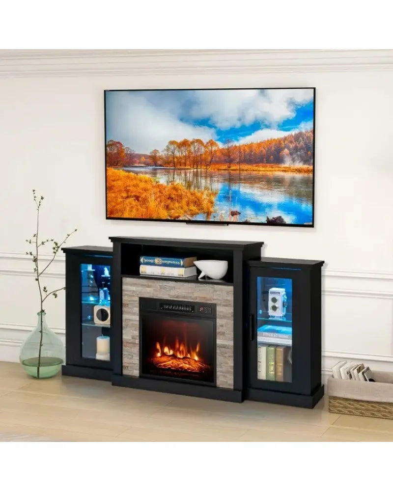 FireplaceTV Stand with 16-Color Led Lights for TVs up to 65 Inch-Black - Black - Entertainment Centers & TV Stands