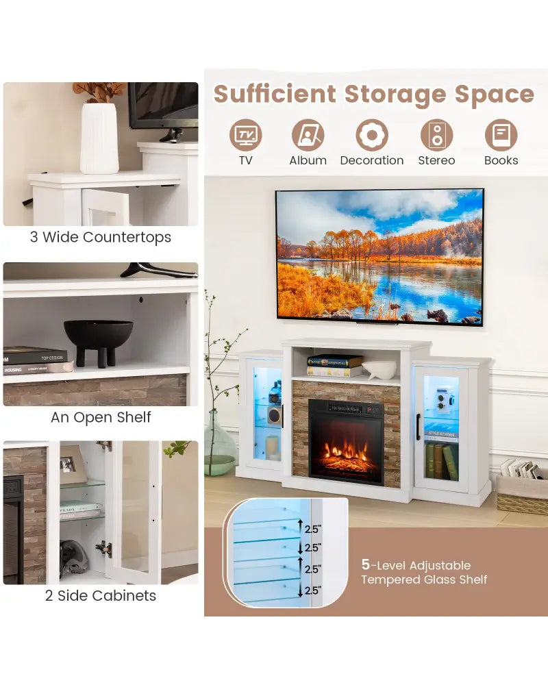 FireplaceTV Stand with 16-Color Led Lights for TVs up to 65 Inch-White - White - Entertainment Centers & TV Stands