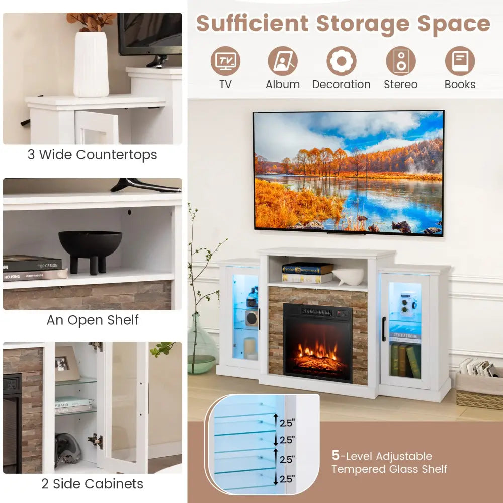 FireplaceTV Stand with 16-Color Led Lights for TVs up to 65 Inch-White - White - Entertainment Centers & TV Stands