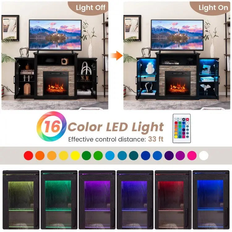 FireplaceTV Stand with 16-Color Led Lights for TVs up to 65 Inch-Black - Black - Entertainment Centers & TV Stands