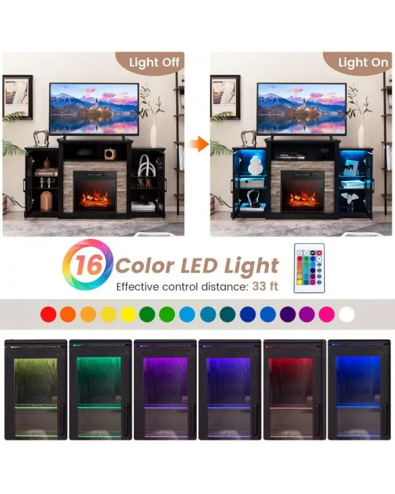 FireplaceTV Stand with 16-Color Led Lights for TVs up to 65 Inch-Black - Black - Entertainment Centers & TV Stands