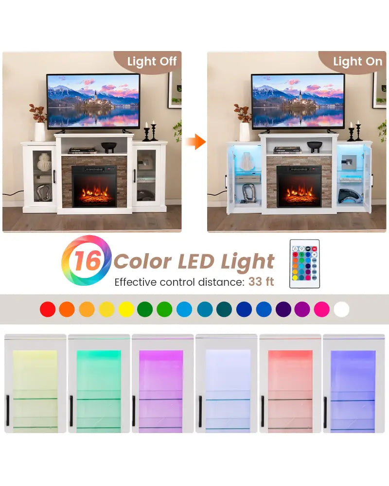 FireplaceTV Stand with 16-Color Led Lights for TVs up to 65 Inch-White - White - Entertainment Centers & TV Stands