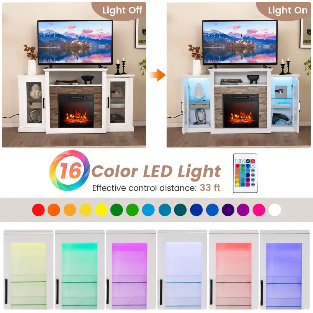 FireplaceTV Stand with 16-Color Led Lights for TVs up to 65 Inch-White - White - Entertainment Centers & TV Stands