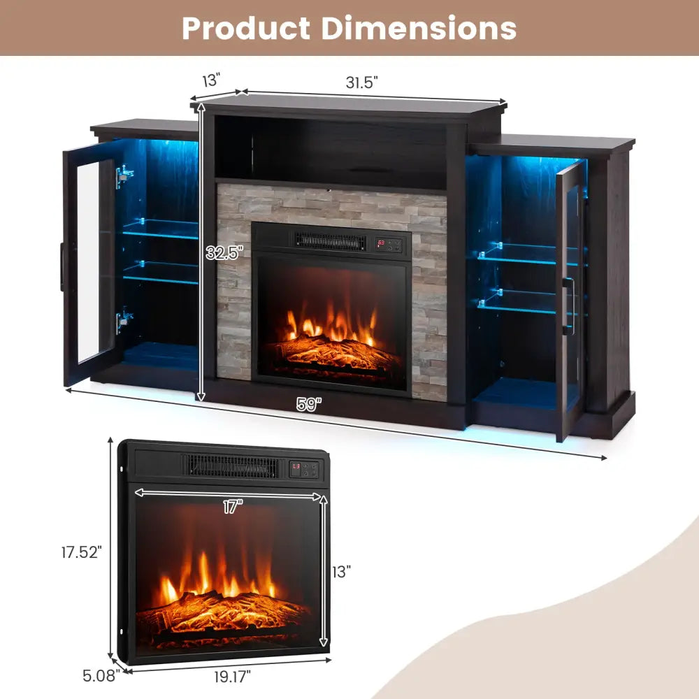 FireplaceTV Stand with 16-Color Led Lights for TVs up to 65 Inch-Dark Brown - Dark Brown - Entertainment Centers & TV