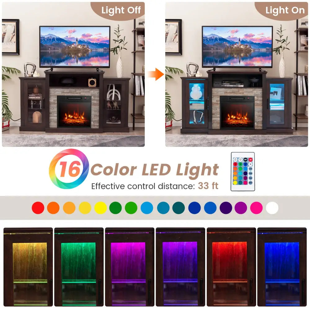 FireplaceTV Stand with 16-Color Led Lights for TVs up to 65 Inch-Dark Brown - Dark Brown - Entertainment Centers & TV